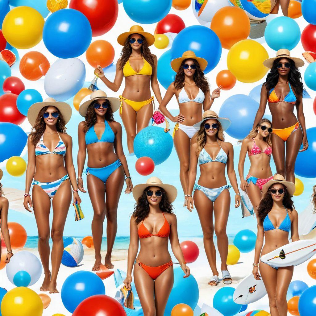 A vibrant beach scene featuring various models showcasing the hottest bikini styles for summer 2023, surrounded by colorful beach accessories like hats and sunglasses, under a bright sun with clear blue skies. Include playful beach elements like surfboards and beach balls for added summer vibes. super-realistic. vibrant colors. white background.